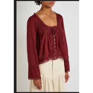 Free People Evermore Lace Insert Long Sleeve Top Maroon Size Medium